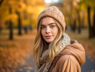 Gutaussehende junge blonde Frau mit Mütze beim Spaziergang in einem Park im Herbst, Generative KI