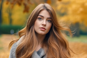 Fototapeta premium Gutaussehende junge blonde Frau beim Spaziergang in einem Park im Herbst, Generative KI