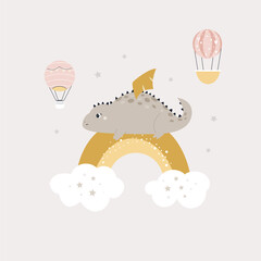 Colorful childish illustration of funny dragon sitting on a rainbow