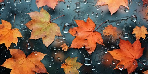  Artistic Background Depicting Autumn Leaves on a Rainy Glass Texture, Creating a Bright and Abstract Natural Backdrop  Generative AI Digital Illustration