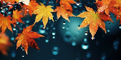 Background that Showcases Autumn Leaves Adorning a Rainy Glass Texture, Crafting a Bright and Abstract Natural Backdrop  Generative AI Digital Illustration