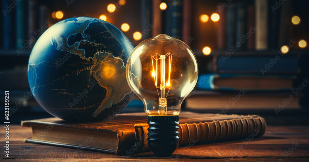 Poster a light bulb and little planet earth sitting on top of a book in a library background with bokeh eff