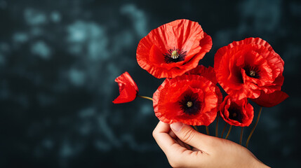 Lest We Forget: Hand Holding Red Poppies on Remembrance Day