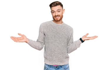 Young redhead man wearing casual winter sweater smiling showing both hands open palms, presenting and advertising comparison and balance