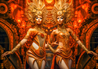 Zwei Frauen in bunten Kostümen nehmen an einer Parade teil, CSD. Generative KI