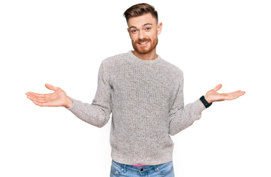 Young redhead man wearing casual winter sweater smiling showing both hands open palms, presenting and advertising comparison and balance