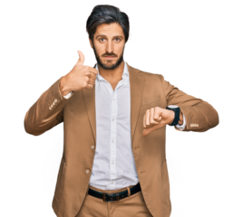 Young hispanic man wearing business clothes doing thumbs up and down, disagreement and agreement expression. crazy conflict
