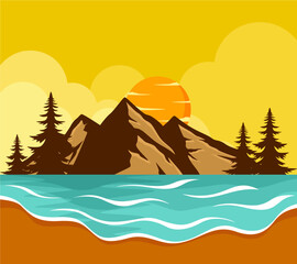 sunset on the sea with mountain vector illustration