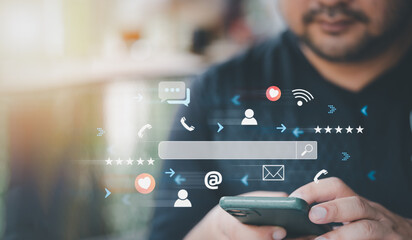 Search engine optimization in their free time. SEO, Searching Browsing Internet Data Information Networking Concepts. Man use smartphones to find data searching information.