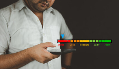Choosing a satisfaction rating scale. Unhappy men choosing a satisfaction rating scale via...
