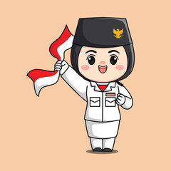 indonesia independence day flag raiser hijab female character chibi kawaii flat cartoon illustration
