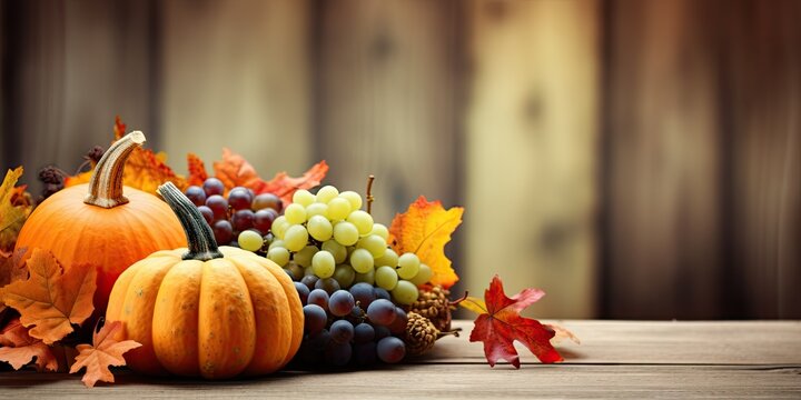 Autumn Scene featuring Pumpkins, Autumn Leaves, and Berries Resting on a Wooden Table. Against an Autumn Background, this Image Creates a Perfect Setting for Thanks  Generative AI Digital Illustration