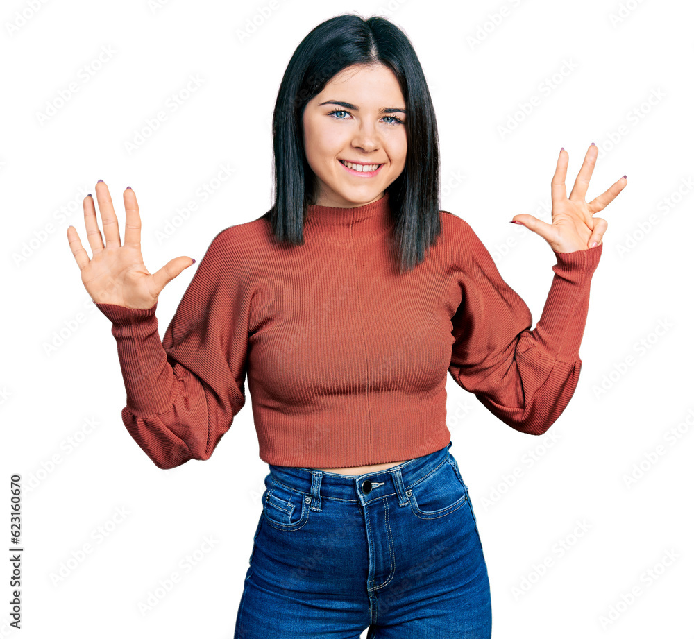 Poster young brunette woman with blue eyes wearing elegant sweater showing and pointing up with fingers num