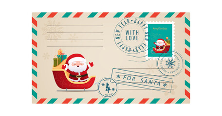 Template of an old Christmas envelope with the image of Santa.Retro style Christmas greeting card with rubber seal, stamp.Vector illustration in cartoon,retro style