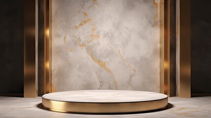 3d render of the golden podium with marble texture background. Product display mockup.