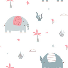 Abstract elephants in jungle. Little elephants in Scandinavian style. Cute childish seamless pattern. Elephant calf on white background.