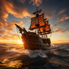 Sailing ship at sunset in the sea, generated ai