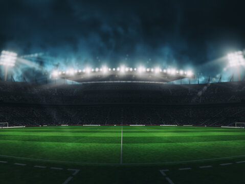 Soccer stadium with the stands full of fans waiting for the game, with no players. 3D Rendering