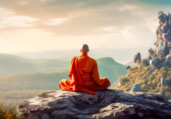 Naklejka na ściany i meble Buddhistischer Mönch in orangfarbener Robe meditiert einsam auf einem Berg, Minimalistisch, Generative KI
