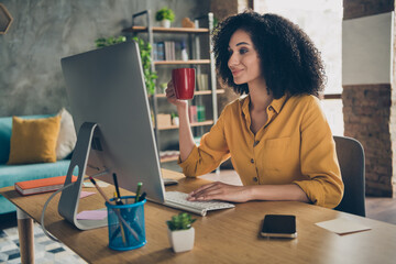 Photo of cute cheerful lady leader dressed shirt smiling communicating modern gadget drinking tea...