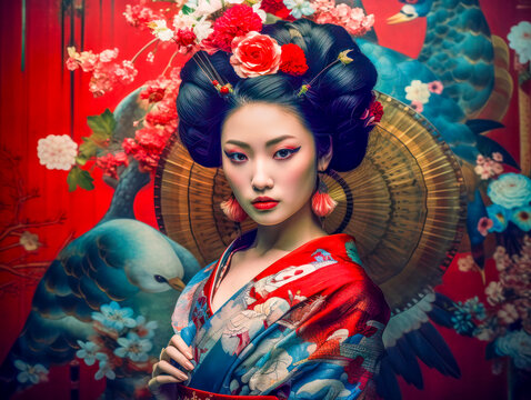 Wundersch&ouml;ne Geisha in rotem Kimono, Portr&auml;t einer Japanerin, fiktive Person, Generative KI
