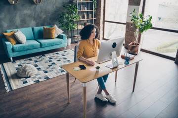 Full size portrait of finance specialist girl sit chair desktop use computer coworking modern business center office inside