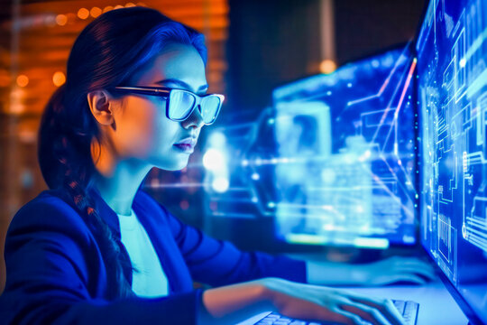 Frau schaut durch eine moderne AR-Brille, intelligente Brille, tragbare virtuelle Realit&auml;t, fiktive Person. Generative KI