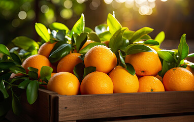 Oranges in wooden on table, natural outdoor backgound, sunset, bokeh background, harvest concept