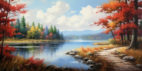 Fototapeta na wymiar picturesque lake view set amidst the enchanting beauty of autumn. The landscape comes alive with vibrant colors, adorned by golden leaves that gracefully carpet the Generative AI Digital Illustration