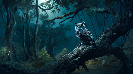 A magical scenic nature wood landscape with a mix of a moonlit night, tall trees and an owl