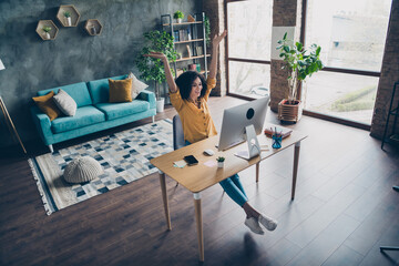 Full length portrait of excited person sit chair desk pc screen raise fists accomplishment modern spacious workplace inside
