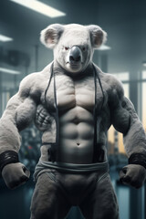 Fototapeta na wymiar fit Koala standing at the gym, Koala getting ripped - Adorable fitness enthusiast at the gym, generative AI