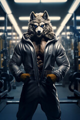 Fototapeta na wymiar fit Wolf standing at the gym, Fitness Wolf, Muscular Canine at the Gym, generative AI