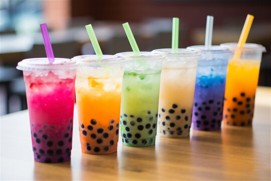 A row of colorful bubble tea take away cups on a table. AI generated content