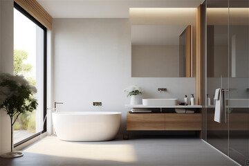 Naklejka na ściany i meble Modern bathroom in light tones. AI generated content