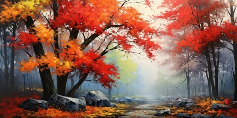 breathtaking wide panorama format, where the forest ground is adorned with autumn maple leaves  Generative AI Digital Illustration