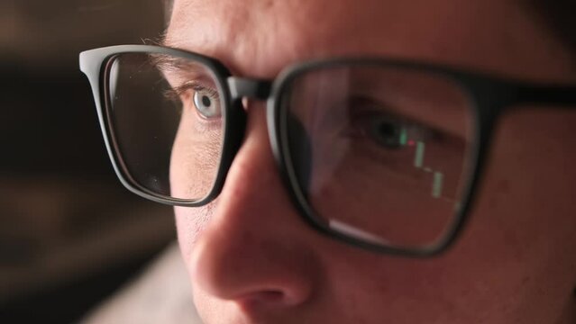 Reflection in eyeglasses woman stock financial chart background, online trading concept, stock market trading board, stock quotes, graph.