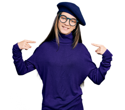 Young brunette girl with long hair wearing french look with beret and glasses looking confident with smile on face, pointing oneself with fingers proud and happy.