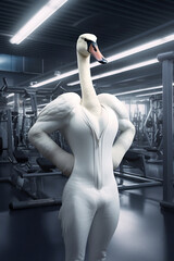 fit Swan standing at the gym, Majestic Swan in Fitness Mode at the Gym, generative AI