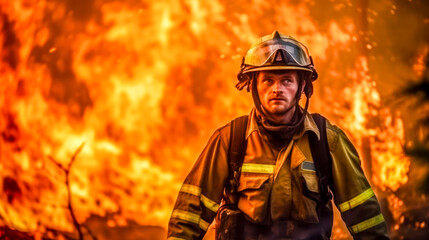 Feuerwehrmann in voller Ausrüstung im Einsatz bei einem Waldbrand. Generative AI - obrazy, fototapety, plakaty