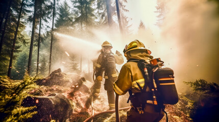 Naklejka premium Feuerwehrleute in ihren typischen Uniformen löschen einen Waldbrand. Generative AI