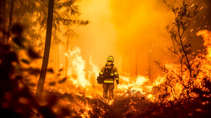 Feuerwehrmann in voller Ausrüstung im Einsatz bei einem Waldbrand. Generative AI