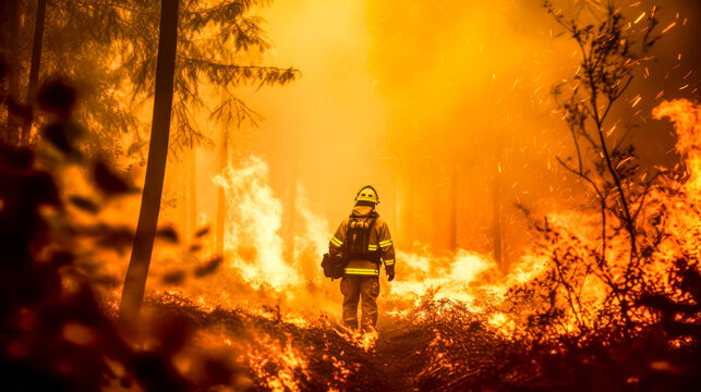 Feuerwehrmann in voller Ausr&uuml;stung im Einsatz bei einem Waldbrand. Generative AI