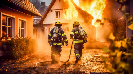 Feuerwehrleute in ihren typischen Uniformen löschen ein brennendes Haus. Generative AI - obrazy, fototapety, plakaty