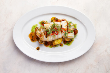 Fried squid and potatoes in a plate.