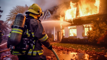 Feuerwehrleute in ihren typischen Uniformen löschen ein brennendes Haus. Generative AI