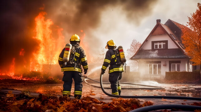 Feuerwehrleute in ihren typischen Uniformen l&ouml;schen ein brennendes Haus. Generative AI