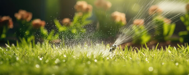 Sprinkler system watering the lawn at park. copy space for text