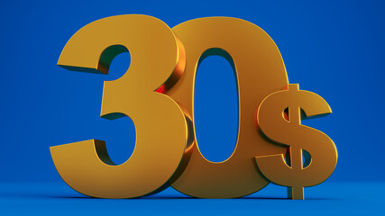 golden thirty dollars isolated on colored blue background, 3D render