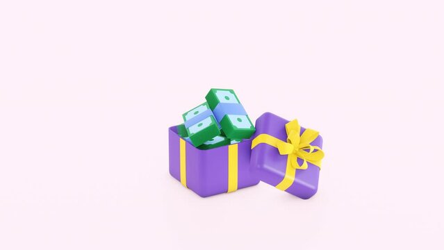 Gift box with money animation. big pile of Dollar Banknotes. 3d render motion graphics. surprise, earn money, win. earning prizes, bonus or rewards, loyalty program, Casino, Online Game concept